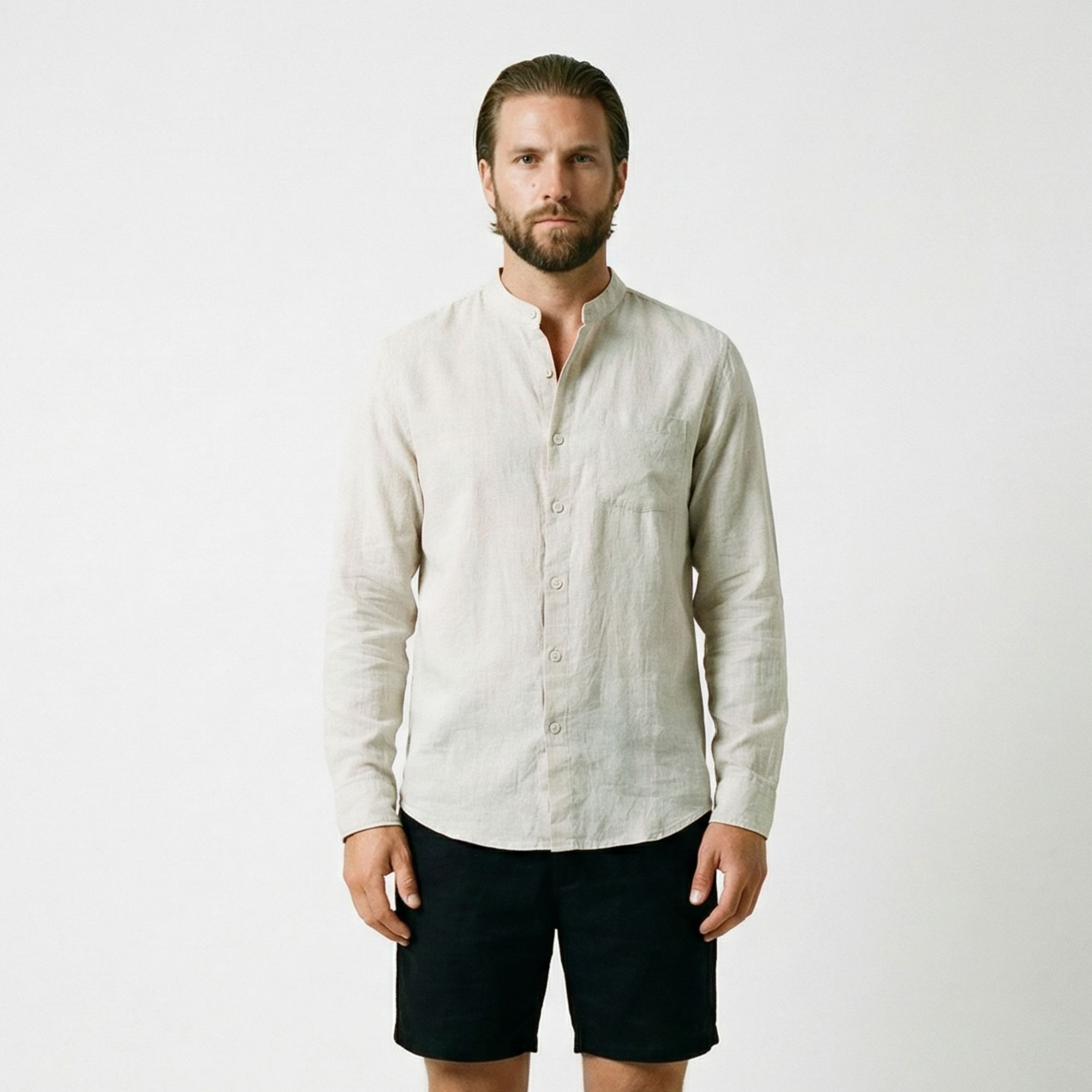 Men's Linen Shirt with Mandarin Collar - Veltic