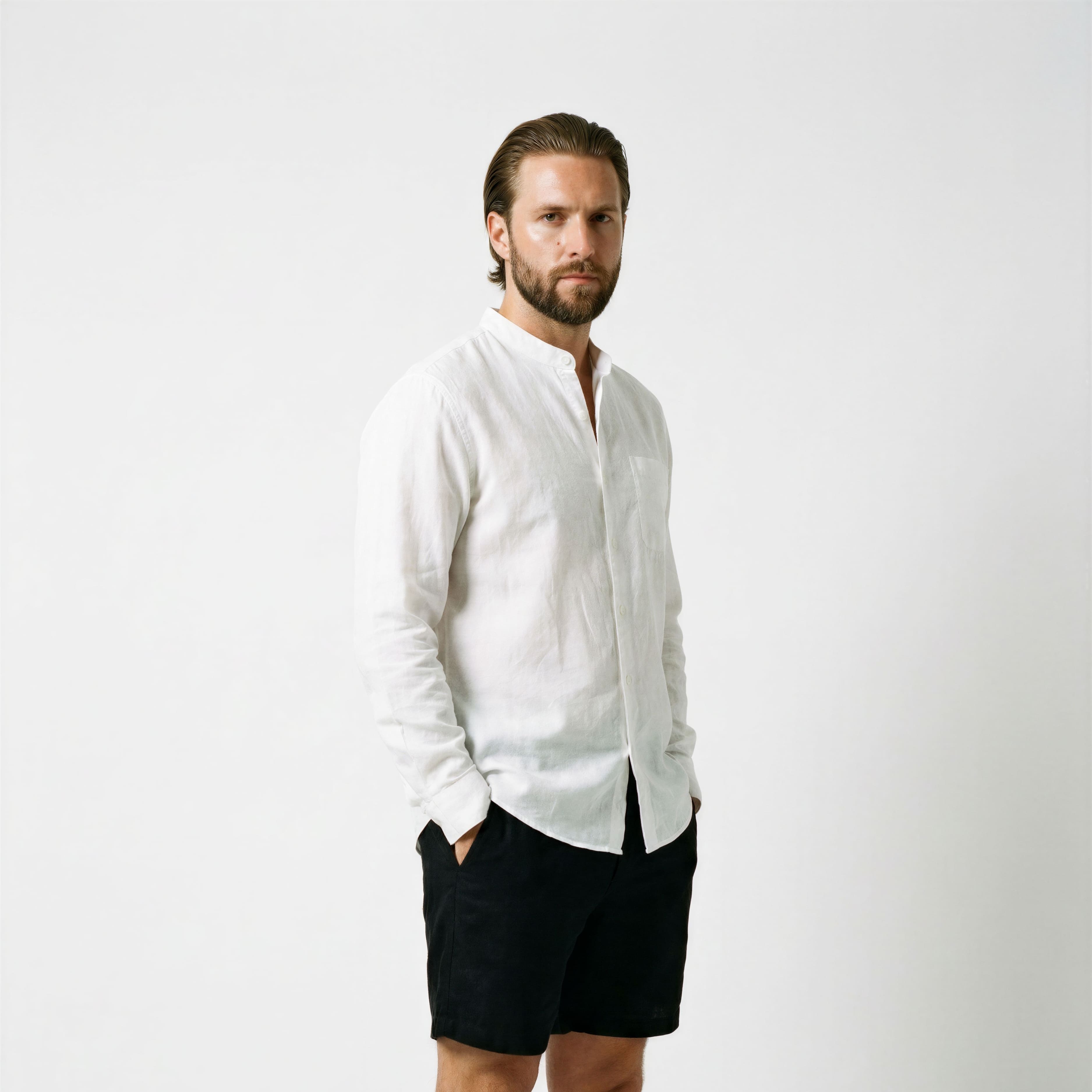 Men's Linen Shirt with Mandarin Collar - Veltic